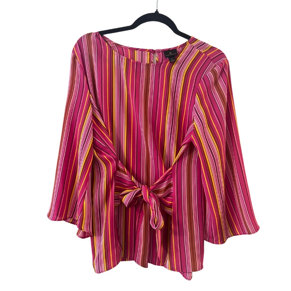 Worthington Hot Pink Striped Blouse 3/4 Sleeve with Belted Waist Tie | Women’s L